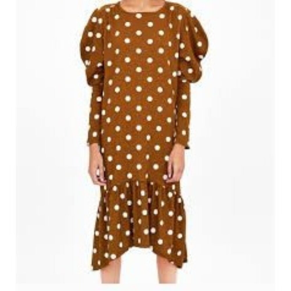 2/$30 Zara Trafaluc Large Polka Dot Long Brown/White Mutton Sleeve Dress